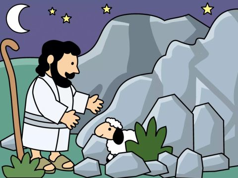 Jesus ist wie der Hirte. Er möchte nicht, dass eines seiner kleinen Schafe verloren geht. – Folie 14