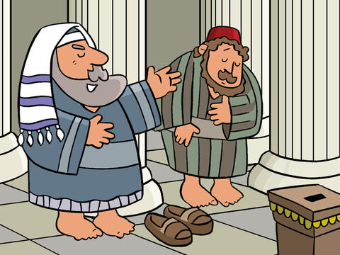 Jesus sagte: „Zwei Männer gingen ins Haus Gottes, um zu beten. Einer von ihnen war ein stolzer religiöser Gesetzeshüter. Der andere war ein Mann, der Steuern eintrieb.“ – Folie 2