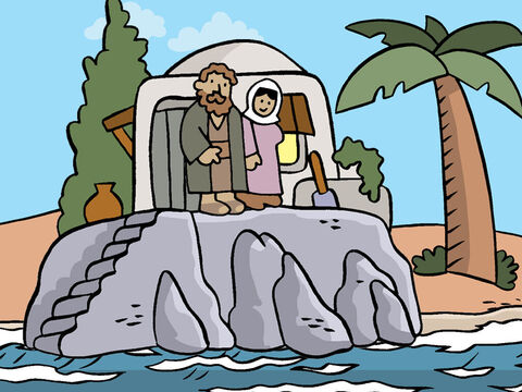 „Der Regen fiel und die Flut kam und die Winde wehten und schlugen gegen dieses Haus. Aber es fiel nicht ein, denn es stand fest auf einem Felsen.” – Folie 4