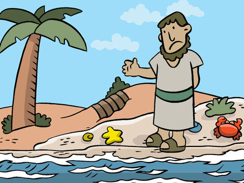 „Der Regen fiel und die Flut kam und die Winde wehten und schlugen gegen dieses Haus. Und es fiel ein und wurde völlig zerstört.” – Folie 7