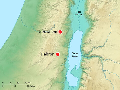 Absalom und 200 seiner Gäste gingen nach Hebron. Als er dort ankam, sandte er Boten nach ganz Israel, um zu verkünden: „Sobald Sie die Posaunen hören, werden Sie wissen, dass Absalom in Hebron gekrönt wurde.“ – Folie 13