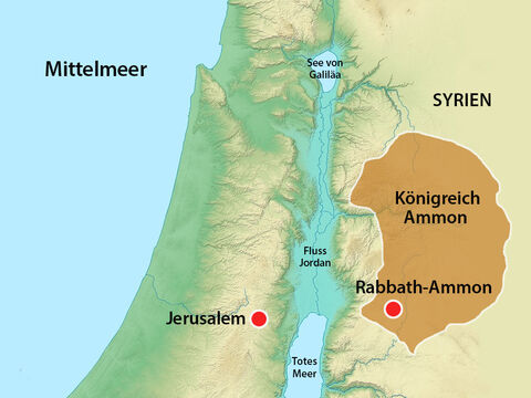 Die Ammoniter lebten im Königreich Ammon im Osten von König Davids Königreich auf der anderen Seite des Jordans. König Nahas hatte David Freundlichkeit erwiesen, also schickte David Gesandte aus Jerusalem, um Hanun seine Sympathie auszudrücken. – Folie 2