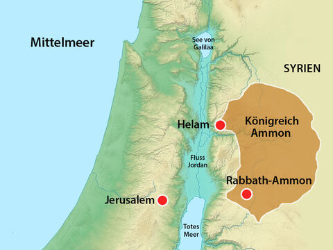 Joab kehrte nach Jerusalem zurück. Die Aramäer, die von Israel geschlagen worden waren, gruppierten sich daraufhin neu. Sie sandten Boten jenseits des Euphrat, um weitere aramäische Truppen zu sammeln. – Folie 11