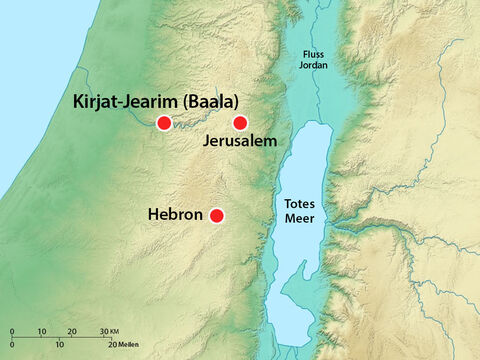 Die Bundeslade war die letzten 92 Jahre im Haus von Abinadab in Kirjat-Jearim (Baala) gewesen. David wollte sie nach Jerusalem bringen und sie in eine neue Stiftshütte stellen, die er errichten ließ. – Folie 6