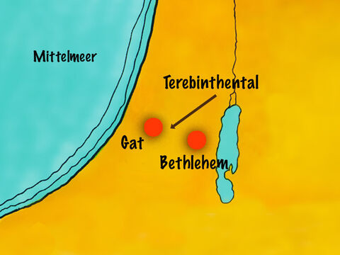 Das Tal zwischen den Hügeln wurde "Terebinthental" genannt. Es geschah nun, dass ein Mann aus Gath, er hieß Goliath, aus den Reihen der Philister hervortrat und sich vor den Israeliten aufbaute. – Folie 2