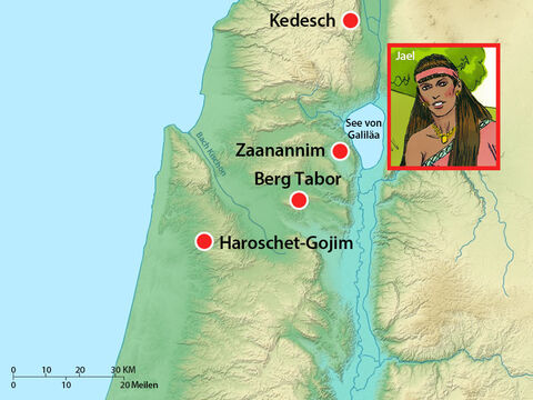 Barak jagte sie den ganzen Weg nach Haroschet-Gojim und tötete alle Krieger Siseras. Aber Sisera floh in Richtung Zaanannim, wo Heber, der Keniter, sein Zelt aufgestellt hatte. Er lebte mit König Jabin von Hazor in Frieden. Hebers Frau hieß Jael. – Folie 15