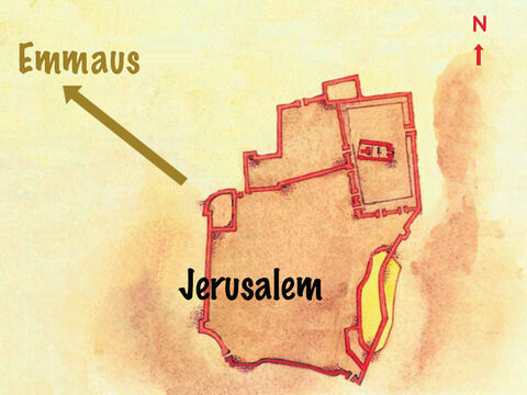 Sie waren auf dem Weg zu einem Dorf namens Emmaus, 11 km (7 Meilen) außerhalb der Stadt. – Folie 2