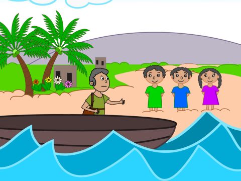 Eines Tages setzte sich Jesus an den See Genezareth, wo sich eine große Menschenmenge versammelt hatte, um ihn sprechen zu hören. Die Menge wurde so groß, dass Jesus in ein Fischerboot stieg, das einigen seiner Jünger gehörte. – Folie 1