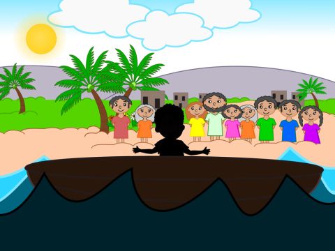 Jesus setzte sich dann in das Boot und lehrte die Menschenmenge, die am Ufer stand. Er erzählte ihnen viele Gleichnisse, und dies ist eines davon. – Folie 2
