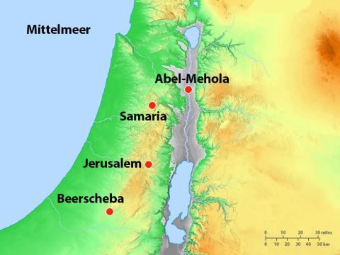 Elisa und seine Familie lebten in Abel-Mehola im Land Israel, das von König Ahab und Königin Isebel regiert wurde. Es war Königin Isebel, die gedroht hatte, Elia zu töten. – Folie 2