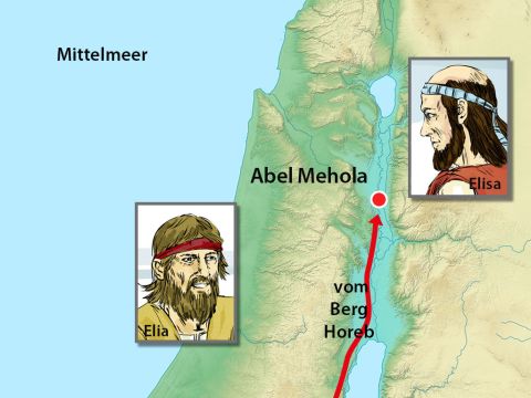 Während Elia auf dem Berg Horeb war, sagte ihm Gott, dass er vorübergehen würde. Elia erlebte einen Sturm, ein Erdbeben und dann ein Feuer, aber dann sprach Gott mit ruhiger, leiser Stimme zu ihm. Eines der Dinge, die Gott Elia befahl, war, nach Israel in eine Stadt namens Abel-Mehola zurückzukehren, um Elisa zu seinem Nachfolger als Propheten zu salben. Elia machte sich auf den langen Weg nach Norden. – Folie 1