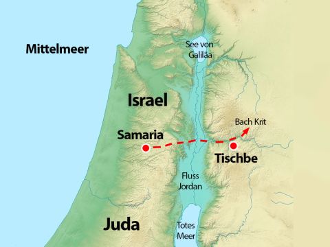 Optionale Folie: Diese Karte zeigt Elias Heimatstadt Tischbe, Samaria, wo König Ahab seinen Palast hatte, und die wahrscheinlichste Lage des Baches Krit, der durch eine einsame Schlucht floss. – Folie 4