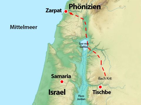 Optionale Karte. Diese Karte zeigt die Lage von Zarpat in Phönizien, einem Land nördlich von Israel, und eine Route, die Elia hätte nehmen können, um nicht von denen entdeckt zu werden, die nach ihm suchten. – Folie 15