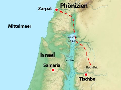 Optional: Karte mit der Lage von Zarpat und der wahrscheinlichsten Route, die Elia genommen hat, um nicht von König Ahab und denen, die ihn suchten, entdeckt zu werden. – Folie 2