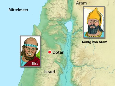 Der König von Aram plante für seine Armee Überfälle auf Israel. Aber Gott erlaubte dem Propheten Elisa, der Hunderte Kilometer entfernt lebte, jedes Wort über die Verschwörung der Feinde zu belauschen. – Folie 1