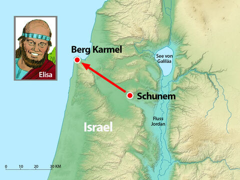 Sie sattelte den Esel und sagte zu ihrem Knecht: “Treib an und halte mich nicht beim Reiten auf, bis ich es dir sage.” Sie reiste so schnell sie konnte zu Elisa, der auf dem Berg Karmel war. – Folie 9