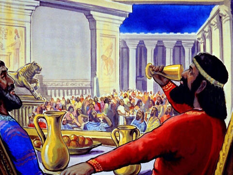 Und später setzten sich der König und Haman zum Trinken nieder. – Folie 23