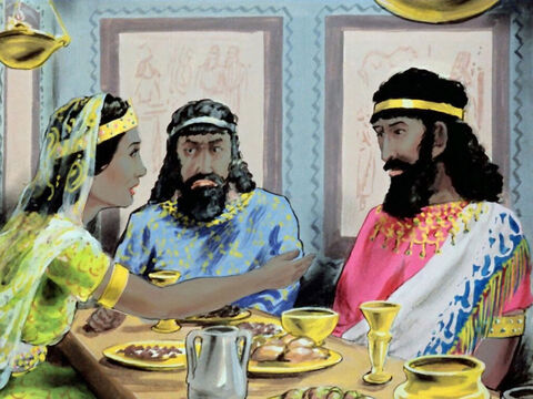 Beim Abendessen bestand Esters einzige Bitte darin, dass der König und Haman am nächsten Abend wieder mit ihr zu Abend essen würden. – Folie 32