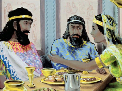 Später beim Abendessen erzählte Ester dem König, dass sie eine Jüdin sei und flehte ihn an, ihr Volk zu retten. – Folie 40