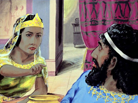 „Er ist es!“, antwortete Ester und zeigte auf Haman. „Der Feind sitzt mit uns am Tisch.“ – Folie 43