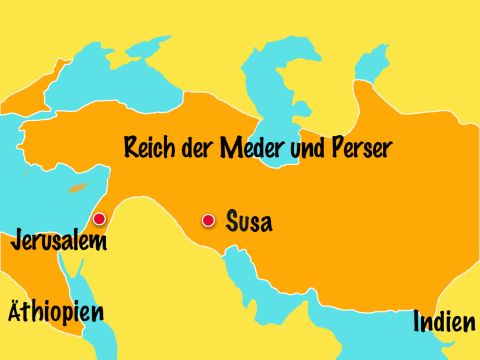 König Xerxes regierte über das Reich der Meder und Perser, das über 127 Provinzen von Äthiopien bis Indien einschloss. In seinem Reich lebten auch viele Juden. – Folie 2