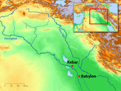 Die Gefangenen wurden nach Babylon gebracht, wo sie als Sklaven am Ufer des Flusses Kebar (Chebar) lebten. (Einige meinen, dies war Kebar nördlich von Babylon. Andere denken, es war ein großer Strom in Babylon, der aus dem Strom Euphrat abzweigte.) – Folie 2