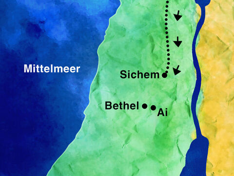 Sie reisten nach Sichem, einer sehr geschäftigen Stadt.<br/>Sie besuchten die Geschäfte und trafen andere Leute.<br/>Dann wanderte Abram durch die wunderschönen Hügel. Er blieb am Baum von More stehen, weit weg von den Stadtbewohnern. – Folie 2