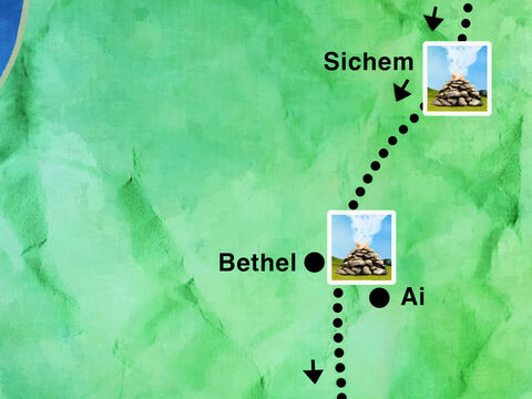 Abram, Sarai und Lot reisten durch das Land.<br/>Sie blieben eine Weile westlich von Ai.<br/>Dann reisten sie in Richtung der östlichen Berge von Bethel.<br/>Abram wollte Gottes Segen und folgte Gottes Willen. – Folie 4