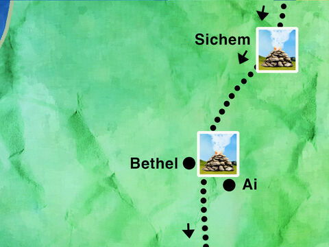 Abram baute zwei Altäre, um Gott anzubeten. Einen am Baum More und einen in den östlichen Hügeln von Bethel.<br/>Durch Kanaan zogen Abram, Sarai und Lot erneut in die Wüste Negev, um Gottes Willen zu befolgen. – Folie 6