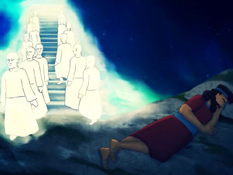 Jakob träumte, dass er eine Treppe vom Himmel sah, die bis zum Boden reichte.<br/>Die mächtigen Engel Gottes gingen die Treppe auf und ab.<br/>Über der Treppe war Gott, so bedeutend und berühmt.<br/>Gott sprach und hat Folgendes erklärt. – Folie 2