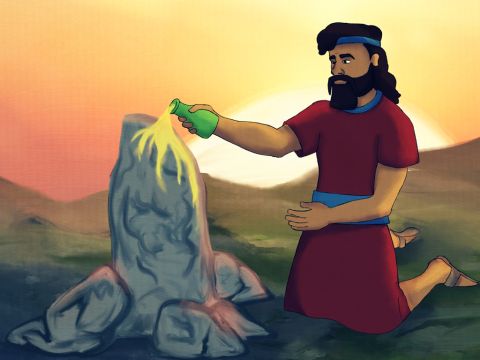 Er richtete den Stein, auf dem er geschlafen hatte, auf und goss Öl für zukünftige Generationen darauf.<br/>Andere werden wissen, dass die Stadt Bethel, das Haus Gottes, der Ort ist, an dem Gott dieses Versprechen gegeben hat. – Folie 7