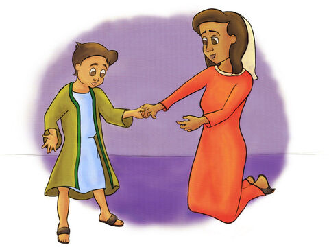 Wenn seine Mutter Hanna zu Besuch kam, brachten sie Samuel immer ein neues Gewand mit.<br/>Wenn Samuel mit Eli im Tempel Gott anbetete, trug Samuel immer sein Gewand. – Folie 3