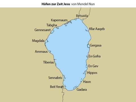 Diese Karte zeigt die Häfen in Galiläa zur Zeit Jesu. Sie wurden zwischen 1989 und 1991 von einem Fischer, Mendel Nun, aufgezeichnet, als eine schwere Dürre herrschte und der Wasserspiegel sank. – Folie 8