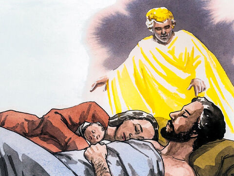 Als sie (die Weisen) aber hingezogen waren, siehe, da erscheint ein Engel des Herrn dem Josef im Traum und spricht: Steh auf, nimm das Kind und seine Mutter zu dir und fliehe nach Ägypten, und bleibe dort, bis ich es dir sage! Denn Herodes wird das Kind suchen, um es umzubringen. – Folie 1