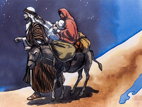 Er aber stand auf, nahm das Kind und seine Mutter des Nachts zu sich und zog hin nach Ägypten. Und er war dort bis zum Tod des Herodes; damit erfüllt wurde, was von dem Herrn geredet ist durch den Propheten, der spricht: »Aus Ägypten habe ich meinen Sohn gerufen.« – Folie 2
