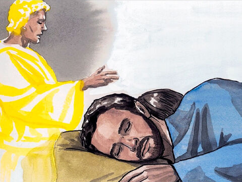 Als aber Herodes gestorben war, siehe, da erscheint ein Engel des Herrn dem Josef in Ägypten im Traum und spricht: Steh auf, nimm das Kind und seine Mutter zu dir und zieh in das Land Israel! Denn sie sind gestorben, die dem Kind nach dem Leben trachteten. – Folie 6