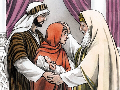 Und Simeon segnete sie und sprach zu Maria, seiner Mutter: Siehe, dieser ist gesetzt zum Fall und Aufstehen vieler in Israel und zu einem Zeichen, dem widersprochen wird – aber auch deine eigene Seele wird ein Schwert durchdringen –, damit Überlegungen aus vielen Herzen offenbar werden. – Folie 8