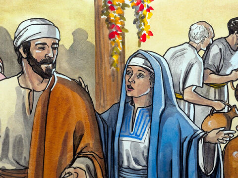 Und als es an Wein mangelte, spricht die Mutter Jesu zu ihm: Sie haben keinen Wein. Jesus spricht zu ihr: (Warum sagst du das zu mir?) – Folie 4