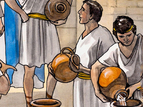 Und sie füllten sie bis obenan. Und er spricht zu ihnen: Schöpft nun und bringt es dem Speisemeister! Und sie brachten es. – Folie 7