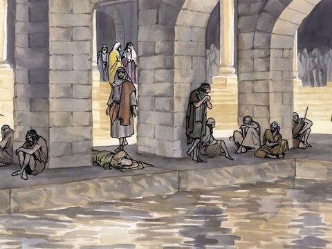 Danach war ein Fest der Juden, und Jesus ging hinauf nach Jerusalem. Es ist aber in Jerusalem bei dem Schaftor ein Teich, der auf Hebräisch Betesda genannt wird, der fünf Säulenhallen hat. – Folie 1