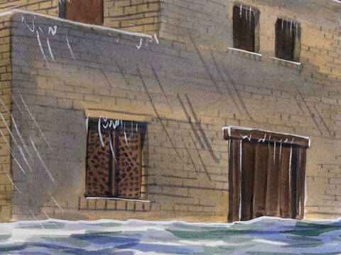 und der Platzregen fiel herab, und die Ströme kamen, und die Winde wehten und stürmten gegen jenes Haus; und es fiel nicht, denn es war auf den Felsen gegründet. – Folie 4