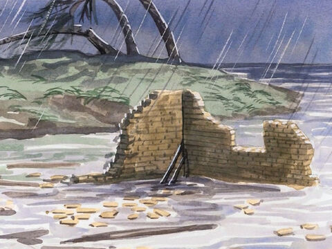 und der Platzregen fiel herab, und die Ströme kamen, und die Winde wehten und stießen an jenes Haus; und es fiel, und sein Fall war groß. – Folie 6