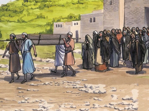 Als er sich aber dem Tor der Stadt näherte, siehe, da wurde ein Toter herausgetragen, der einzige Sohn seiner Mutter, und sie war eine Witwe; und eine zahlreiche Volksmenge aus der Stadt war mit ihr. – Folie 2