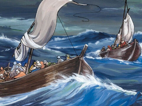 Und als er in das Boot gestiegen war, folgten ihm seine Jünger. Und siehe, es erhob sich ein heftiger Sturm auf dem See, ... – Folie 2