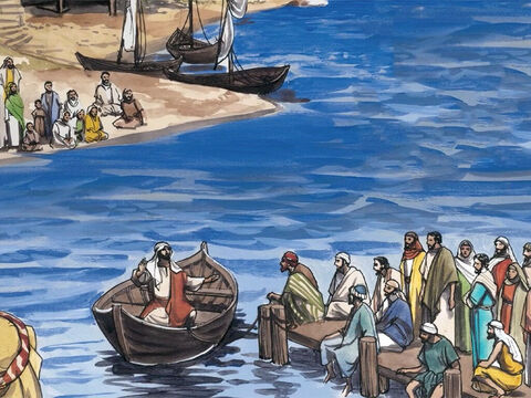 An jenem Tag aber ging Jesus aus dem Haus hinaus und setzte sich an den See. Und es versammelten sich große Volksmengen um ihn, sodass er in ein Boot stieg und sich setzte; – Folie 1