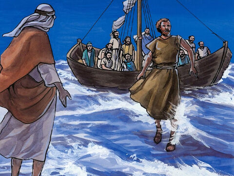 Er aber sprach: Komm! Und Petrus stieg aus dem Boot und ging auf dem Wasser und kam auf Jesus zu. – Folie 7