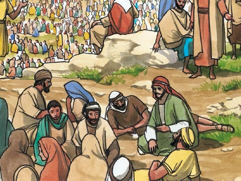 (Jesus war in einem Gebiet, das als Zehnstädtegebiet bekannt war, in dem viele Menschen lebten, die keine Juden waren.)<br/>Als in jenen Tagen wieder eine große Volksmenge da war und nichts zu essen hatte, ... – Folie 1