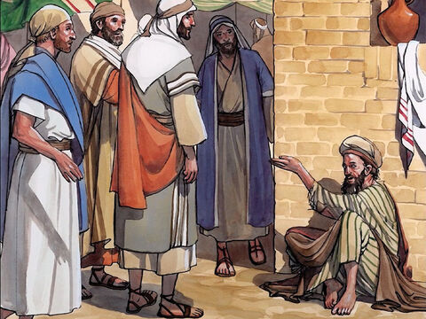Und als er vorüberging, sah er einen Menschen, blind von Geburt. Und seine Jünger fragten ihn und sagten: Rabbi, wer hat gesündigt, dieser oder seine Eltern, dass er blind geboren wurde? – Folie 1