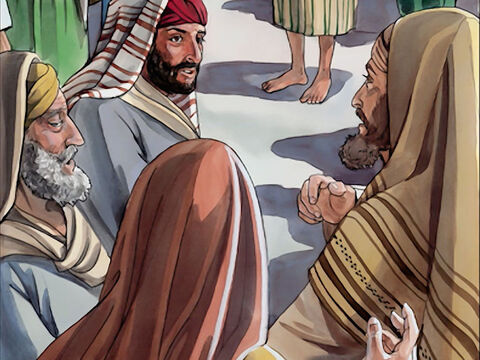 Sie führen ihn, den einst Blinden, zu den Pharisäern. Es war aber Sabbat, als Jesus den Teig bereitete und seine Augen öffnete. Nun fragten ihn wieder auch die Pharisäer, wie er sehend geworden sei. – Folie 11