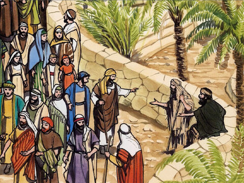 Und als er eine Volksmenge vorbeiziehen hörte, erkundigte er sich, was das sei. Sie verkündeten ihm aber, dass Jesus, der Nazoräer, vorübergehe. – Folie 2